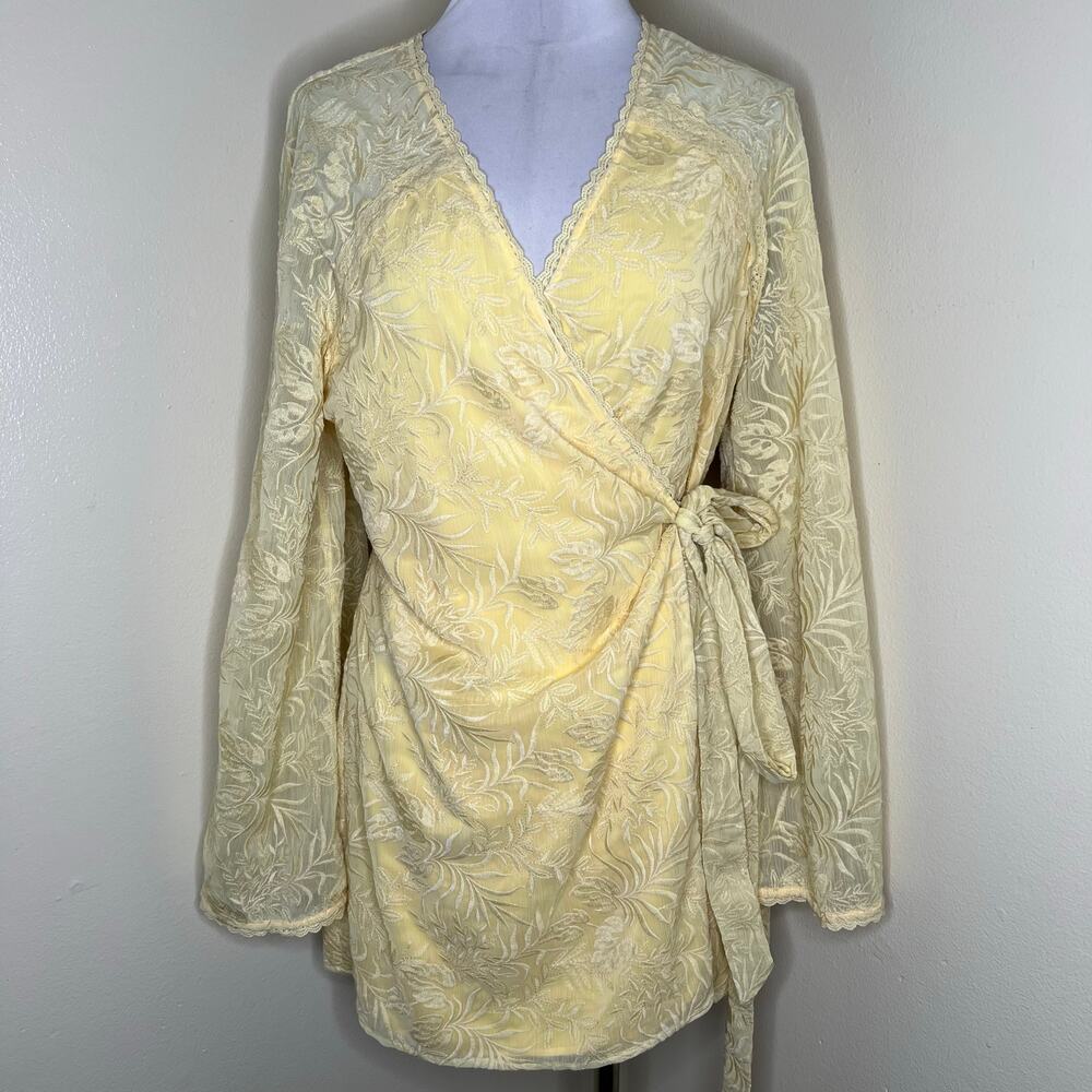 Tularosa Robin Wrap Dress Large Lemon Yellow Long Sleeve Mini Embroidered Party